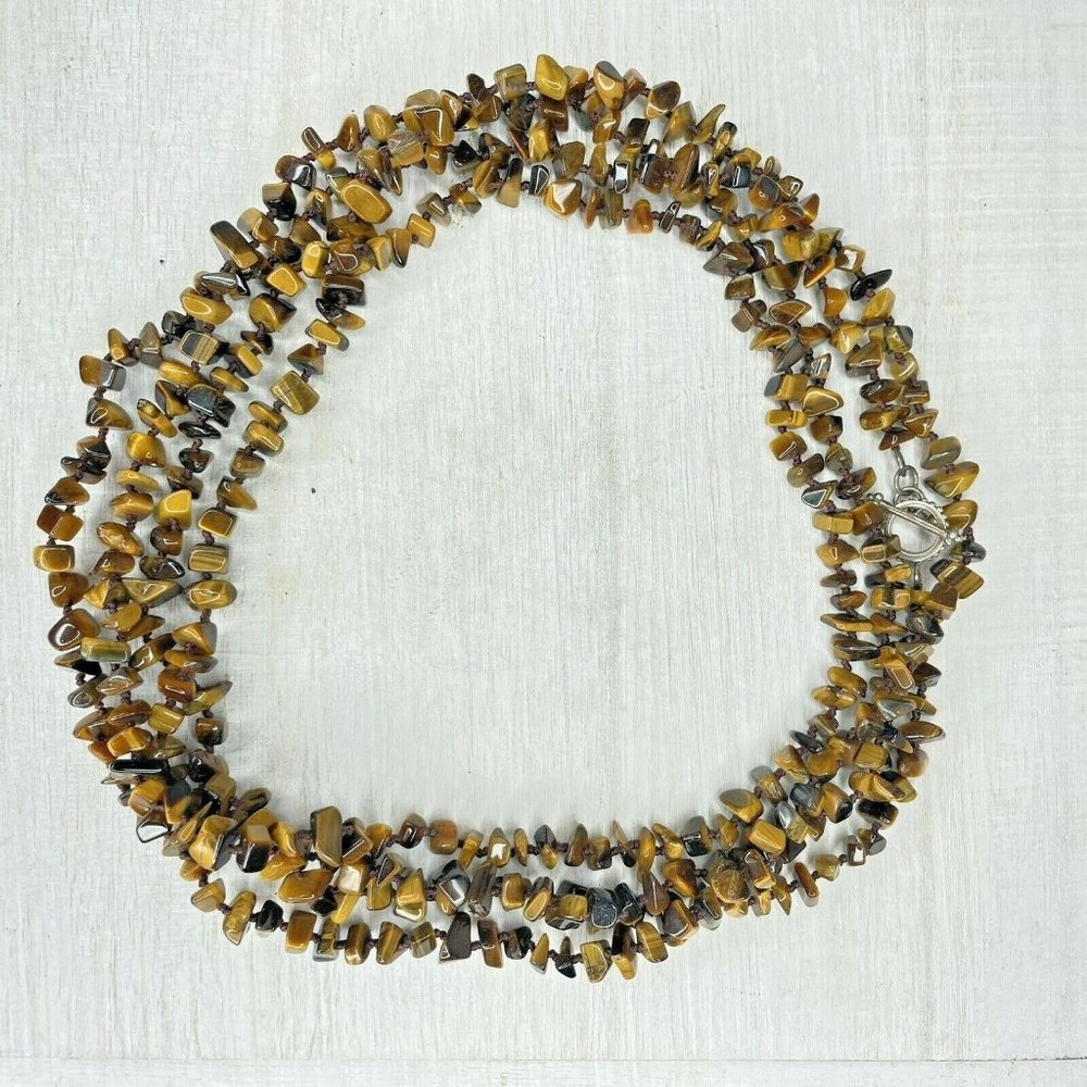 925 Sterling Silver Tiger's Eye Beaded Necklace 78” Stamped SX
